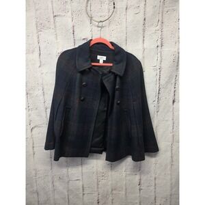 Ann Taylor Loft Cape XS S Blue Tartan Plaid Double Breasted Wool Academia Preppy